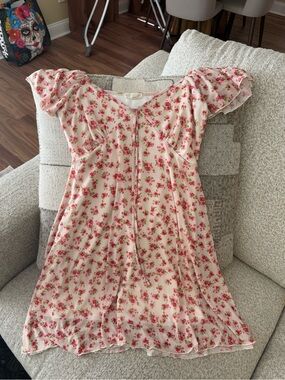 T.J.Maxx Cream Dress with Pink Floral Print and Ruffle Sleeves